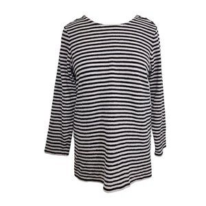 J. JILL Long Sleeve Terry Knit Tunic Shirt Top Gray Black Striped Buttons Large